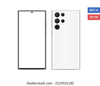 Realistic vector flat mock-up Samsung Galaxy S22 Ultra with blank screen isolated on white background. Scale image any resolution