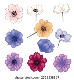 Realistic vector flowers petals buds bouquets. Anemones, peonies pansies magnolia