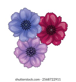 Realistic vector flowers petals buds bouquets. Anemones, peonies pansies magnolia