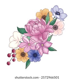 Realistic vector flowers petals buds bouquets. Anemones, peonies pansies magnolia