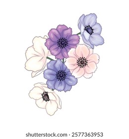 Realistic vector flowers petals buds bouquets. Anemones, peonies pansies magnolia