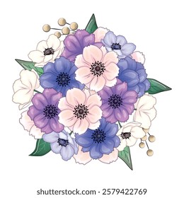 Realistic vector flowers petals buds bouquets. Anemones, peonies pansies magnolia