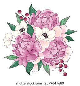 Realistic vector flowers petals buds bouquets. Anemones, peonies pansies magnolia