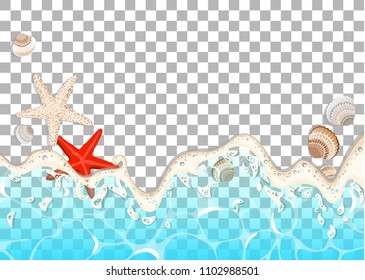 Realistic vector frame of  azure foamy wave , starfish and shells.