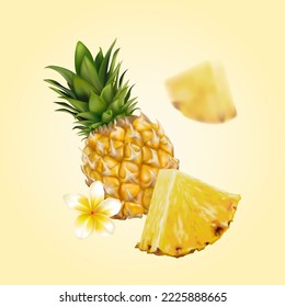 Realistic vector fresh sliced pineapple illustration for package design, banner, label, poster and flyer. Flying ripe pineapple, sweet slices and tropical flower