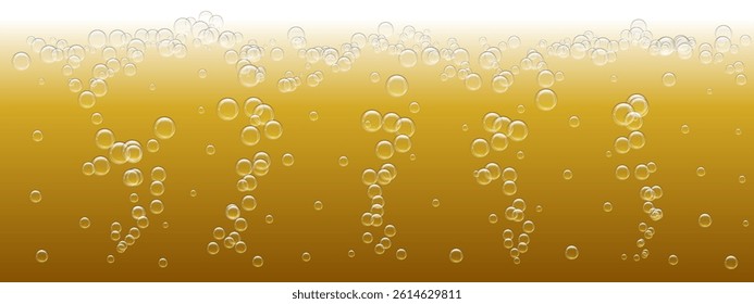 Realistic vector of frosty beer with bubbles and water droplets, highlighting refreshing nature of drink. Background features smooth texture and transparent elements.