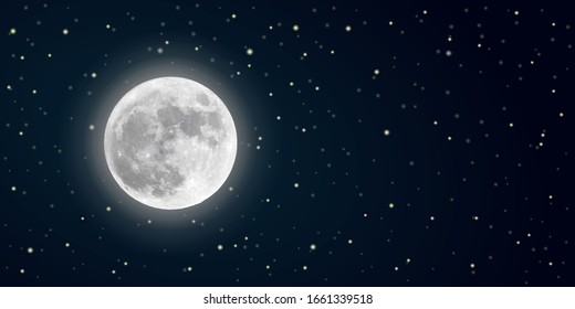 realistic vector full moon in the starry sky in the dark. banner with highlighted place for text