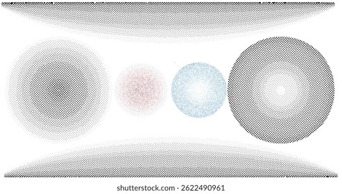 Realistic vector geometric halftone dot work grain texture set on white background with dotted patterns. dotted textures, and circular dotted effects. Trendy backdrop halftone art and designs. 