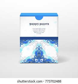 Realistic vector gift box mockup. The oriental floral ornament consists of paisley, bluebird feathers and curls. Winter colors and snowflakes on background