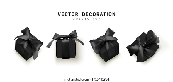 Realistic vector gift boxes. Set of black gift presents with dark bows. isolated on white background
