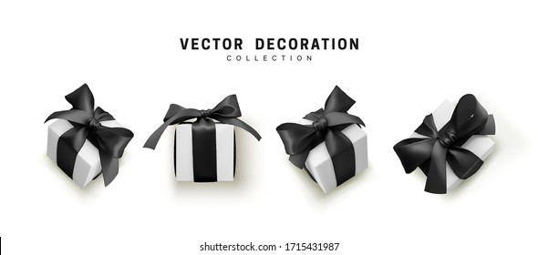 Realistic vector gift boxes. Set of white gift presents with black bows. isolated on white background