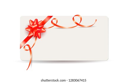 Realistic vector gift card with red bow and ribbon isolated on white background. Template design for valentine's day card, wedding, invitation, coupon or certificate. Place for text