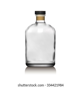 Realistic Vector Glass Bottle For Alcohol Such As Vodka, Cognac, Whiskey With Sticker, Label. Packaging For Perfumes, Oils, Essence. Mock Up. 