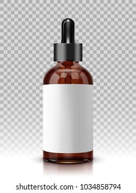 Realistic vector glass bottle with dropper for cosmetics and medicines