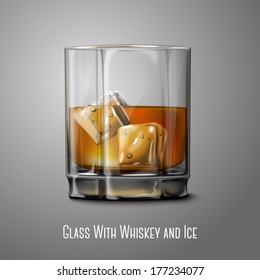 Realistic Vector glass with smokey Scotch Whiskey and ice isolated on gray background for design and branding. Transparent glass and drink for every background.