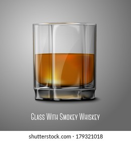 Realistic Vector glass with smokey Scotch Whiskey and isolated on gray background for design and branding. Transparent glass and drink for every background.