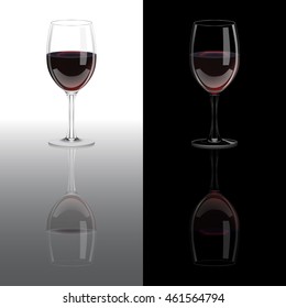 Realistic vector glasses with red vine with mirror reflection on white and black backgrounds.