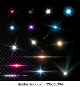 Realistic vector glowing lens flare light effect with stars and sparkles bursts on transparent background.