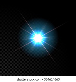 Realistic vector glowing lens flare light effect with  sparkles bursts on transparent background.