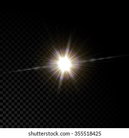 Efecto realista de la luz de la lente de gafas vectoriales con destellos estalla en un fondo transparente.