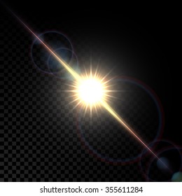 Efecto realista de la luz de la lente de gafas vectoriales con destellos estalla en un fondo transparente.