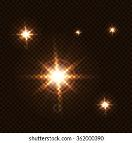 Realistic vector glowing lens flare light effect with stars and sparkles bursts on transparent background. Vector illustration. Glow special effect light, flare, star and burst. Isolated spark. 