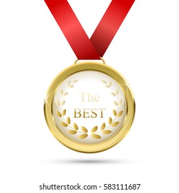 Realistic vector gold medal on red ribbon. Winner simbol. Vector illustration.