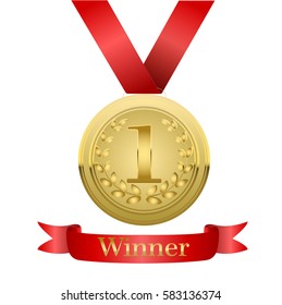 Realistic vector gold medal on red ribbon. Winner simbol. Vector illustration.