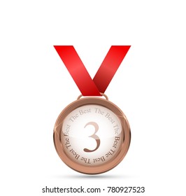 Realistic vector gold medal on red ribbon. Winner simbol. Vector illustration.