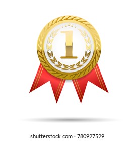 Realistic vector gold medal on red ribbon. Winner simbol. Vector illustration. first place illustration