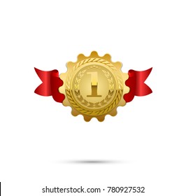 Realistic vector gold medal on red ribbon. Winner simbol. Vector illustration. first place illustration