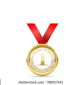 Realistic vector gold medal on red ribbon. Winner simbol. Vector illustration. first place illustration