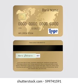 Realistic Vector Golden Banking card two sides isolated on white background. Credit card with world map.