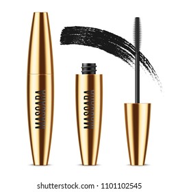 Realistic vector golden Mascara Bottle, brush and mascara Brush Strokes. Black wand, strokes and tube Isolated on white background. Fashionable cosmetics Makeup for Eyes.