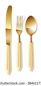 Realistic vector golden spoon, fork and table knife.