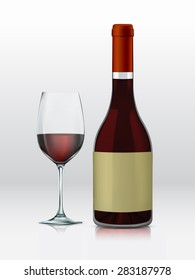 Realistic vector graphic bottle and glass with red wine