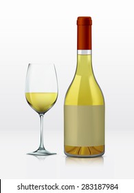 Realistic vector graphic bottle and glass with white wine