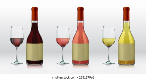 Realistic vector graphic bottles and glasses with wine selections. Red wine, rose, and white wine