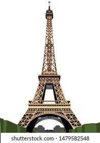 Realistic Vector graphic of Eiffel Tower, Front View, colors and background are editable using vector based editing software.