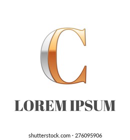 Realistic Vector graphic elegant silver and gold impossible font, symbol, alphabet, Letter C