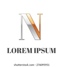 Realistic Vector graphic elegant silver and gold impossible font, symbol, alphabet, Letter N