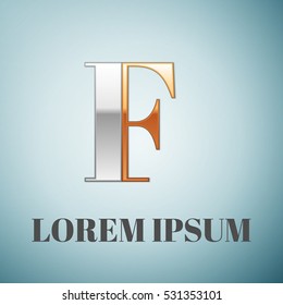 Realistic Vector graphic elegant silver and gold impossible font, symbol, alphabet, Letter F