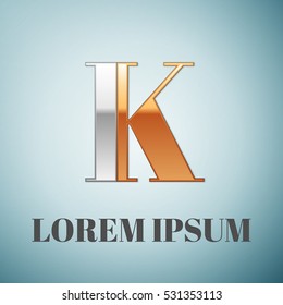 Realistic Vector graphic elegant silver and gold impossible font, symbol, alphabet, Letter K