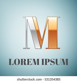 Realistic Vector graphic elegant silver and gold impossible font, symbol, alphabet, Letter M