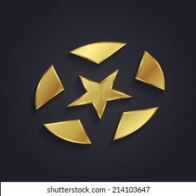 Realistic vector graphic ribbed gold star shaped symbol with negative space