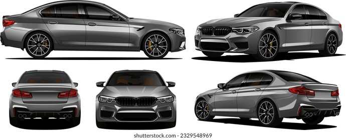 Realistic Vector Gray Car Sedan with gradients, isolated + shadow in front, back, side , and isometric view, email me for svg file or for a custom vector car