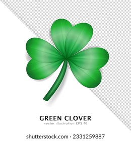 Realistic vector green clover isolated on transparent background. Cartoon trefoil as an Irish symbol, sign of luck, fortune and success. Decorative plant with leaves, shamrock for Saint Patrick Day