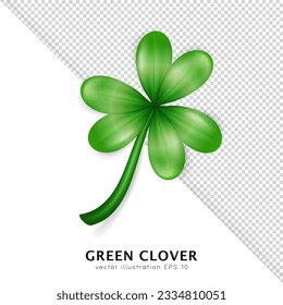 Realistic vector green clover isolated on transparent background. Cartoon trefoil as an Irish symbol, sign of luck, fortune and success. Decorative plant with leaves, shamrock for Saint Patrick Day