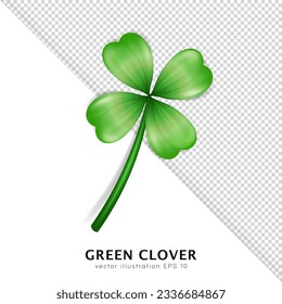 Realistic vector green clover isolated on transparent background. Cartoon trefoil as an Irish symbol, sign of luck, fortune and success. Decorative plant with leaves, shamrock for Saint Patrick Day