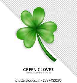 Realistic vector green clover isolated on transparent background. Cartoon trefoil as an Irish symbol, sign of luck, fortune and success. Decorative plant with leaves, shamrock for Saint Patrick Day